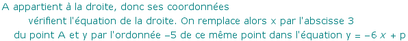 A appartient ? la droite, donc ses coordonn?es v?rifient l'?quation de la droite. On remplac ... ar l'ordonn?e  -5 de ce m?me point dans l'?quation y =  -6 x + p