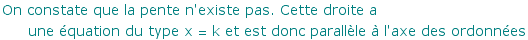 On constate que la pente n'existe pas. Cette droite a une ?quation du type x = k et est donc parall?le ? l'axe des ordonn?es