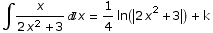 ∫x/(2 x^2 + 3) x = 1/4 ln(2 x^2 + 3)  + k