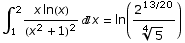 ∫_1^2 (x ln(x))/(x^2 + 1)^2x =  ln(2^(13/20)/5^(1/4))